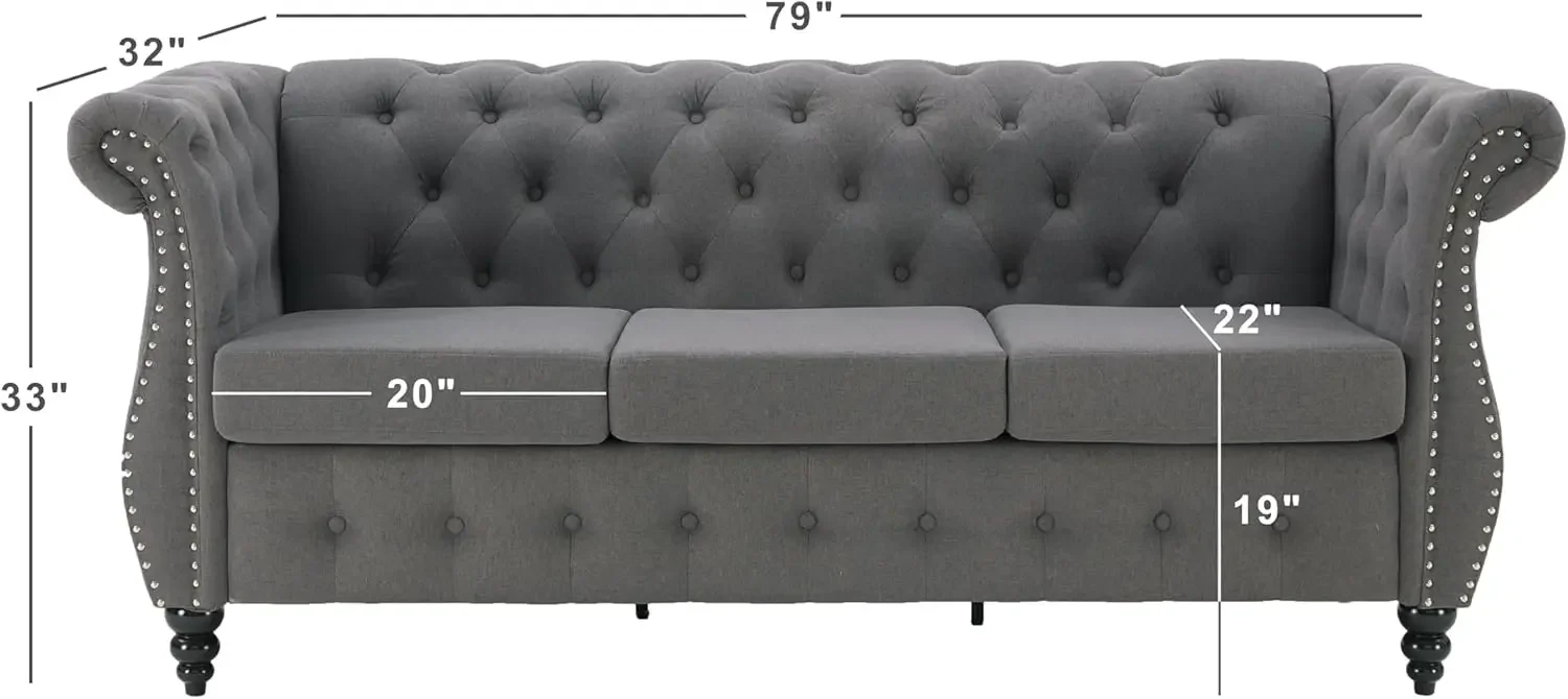 Grey 3 Seater Chesterfield Sofa with Nailhead Trim, Tufted Button Vintage Sofa, Rolled Arms,Gourd Wooden Legs, Living Room Couch