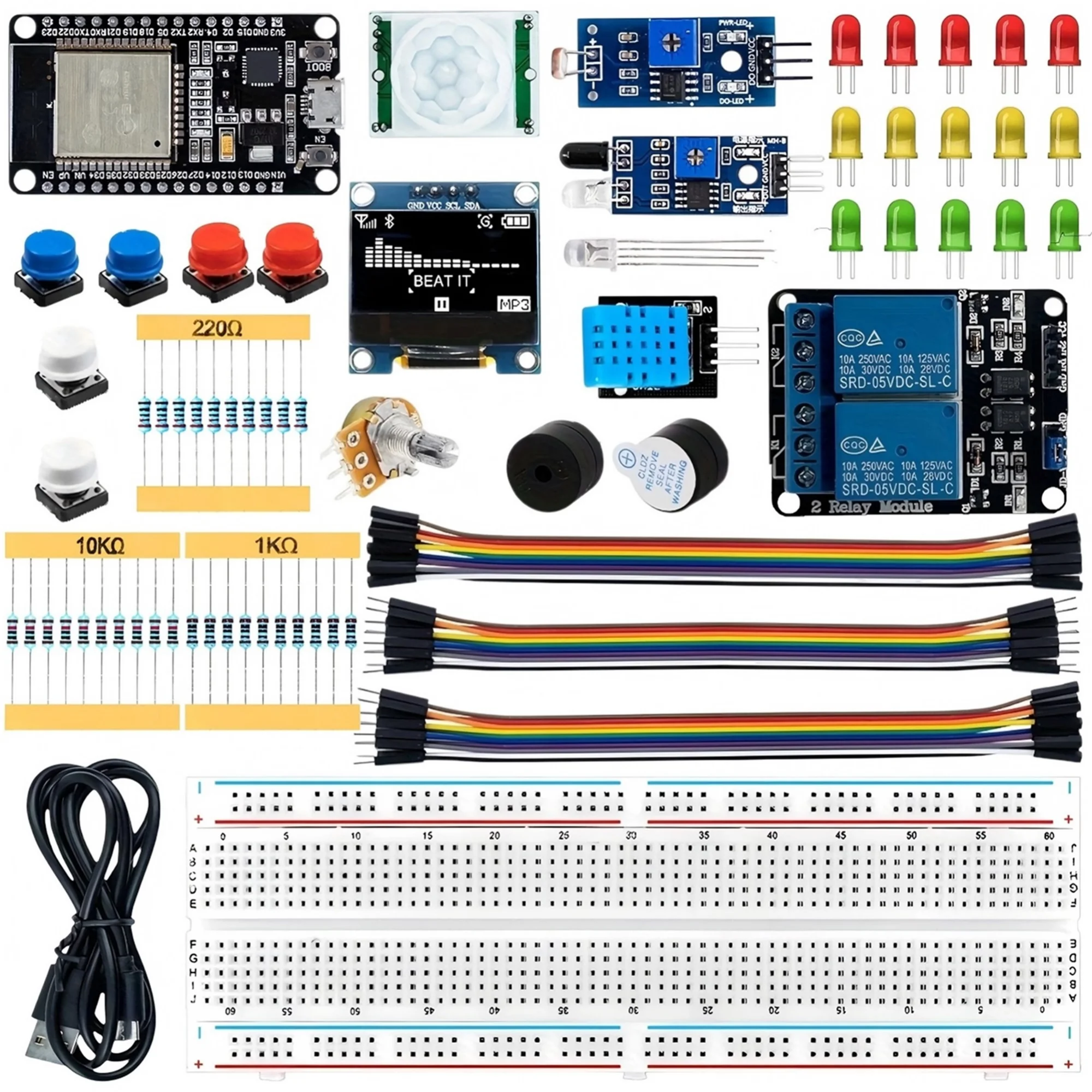 ESP32 Super Learning Kit, 94pcs, Featuring an OLED Display, Coding Guide, Breadboard, LED Diodes, And an ESP32 Development Board