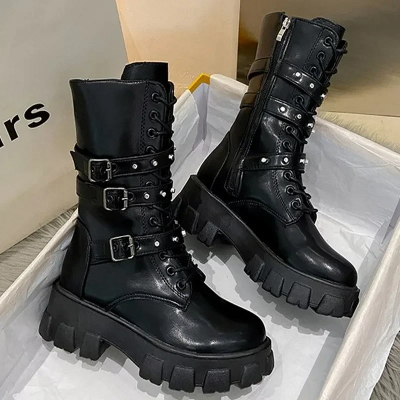 Botas Punk para mujer, Botas de moto con cremallera, bota a media pantorrilla, Otoño Invierno 2025, Botas de motociclista para mujer, zapatos de tacón con plataforma para mujer, nuevas Botas
