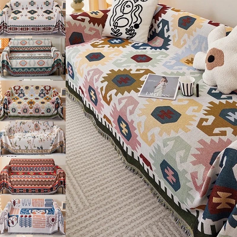 

1Pc New Modern Style Linen-cotton Double Face Usable Sofa Blanket with Tassels Decor Multi-purpose for Living Room,Bedroom Sofa