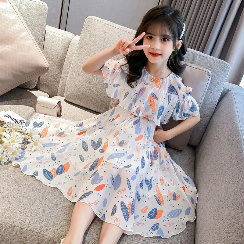 2024 teens Summer baby Girls Dress Clothes mesh leaf Bohemian Floral Off Shoulder chiffon Long Beach 3 4 5 6 7 8 9 10 12 years