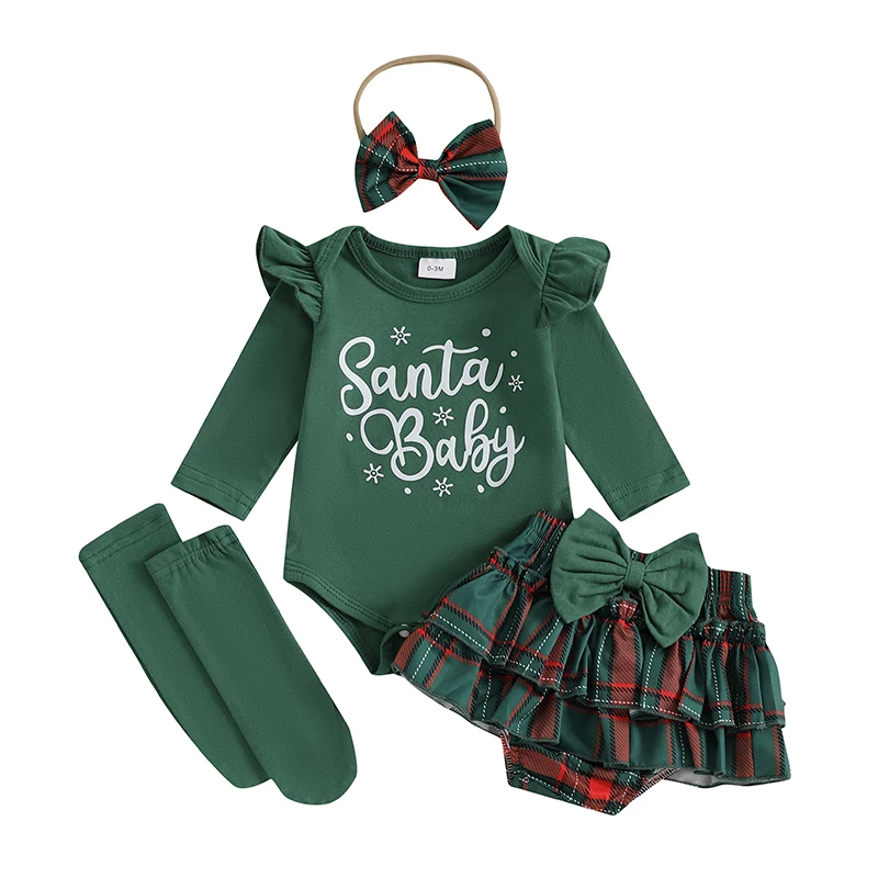 Baby Girl Christmas Outfit Letter Print Ruffle Long Sleeve Romper Plaid Layered Ruffle Shorts Bow Headband Socks