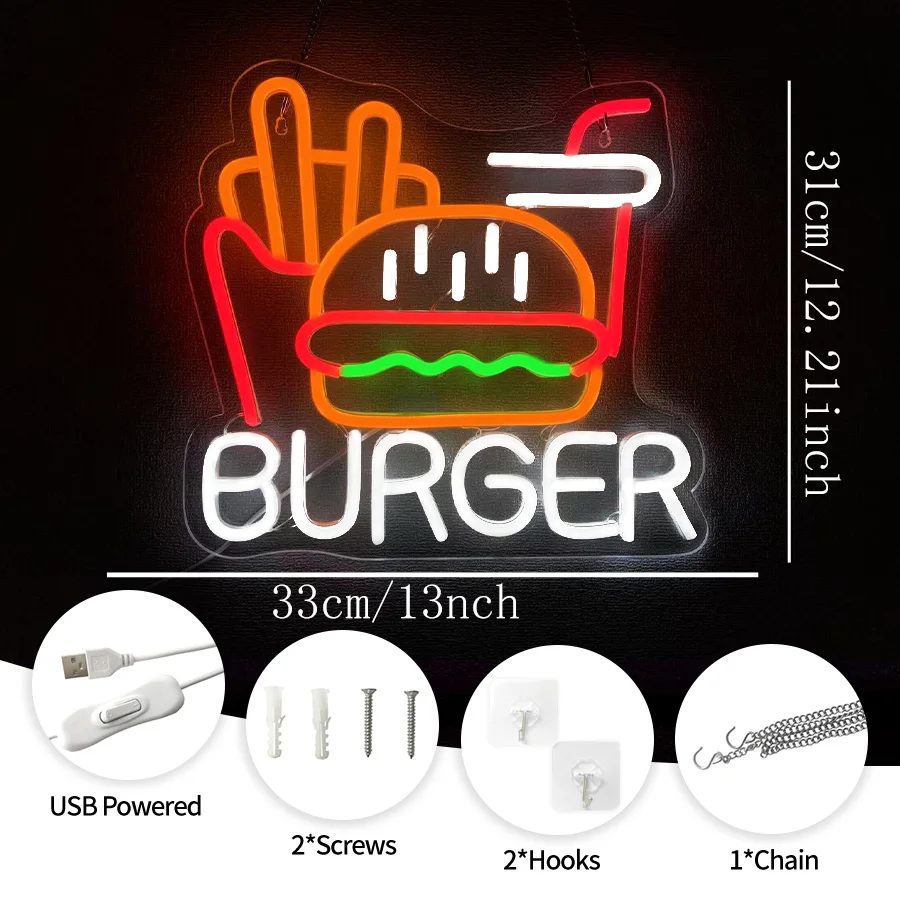 Burger Led Neon Light Signs, French Fries Hamburg Coke Icon Acrylic Usb Powered, Used For Fast Food Restaurants Decor.