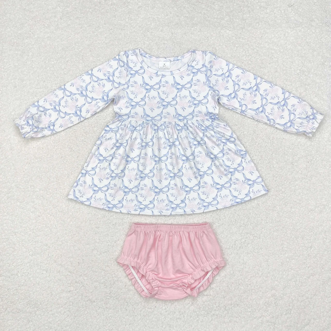 

Wholesale Infant Baby Girl Toddler Set Children Long Sleeves Flower Bow Tops Pink Cotton Bummie Shorts Kid Two Pieces Outfit