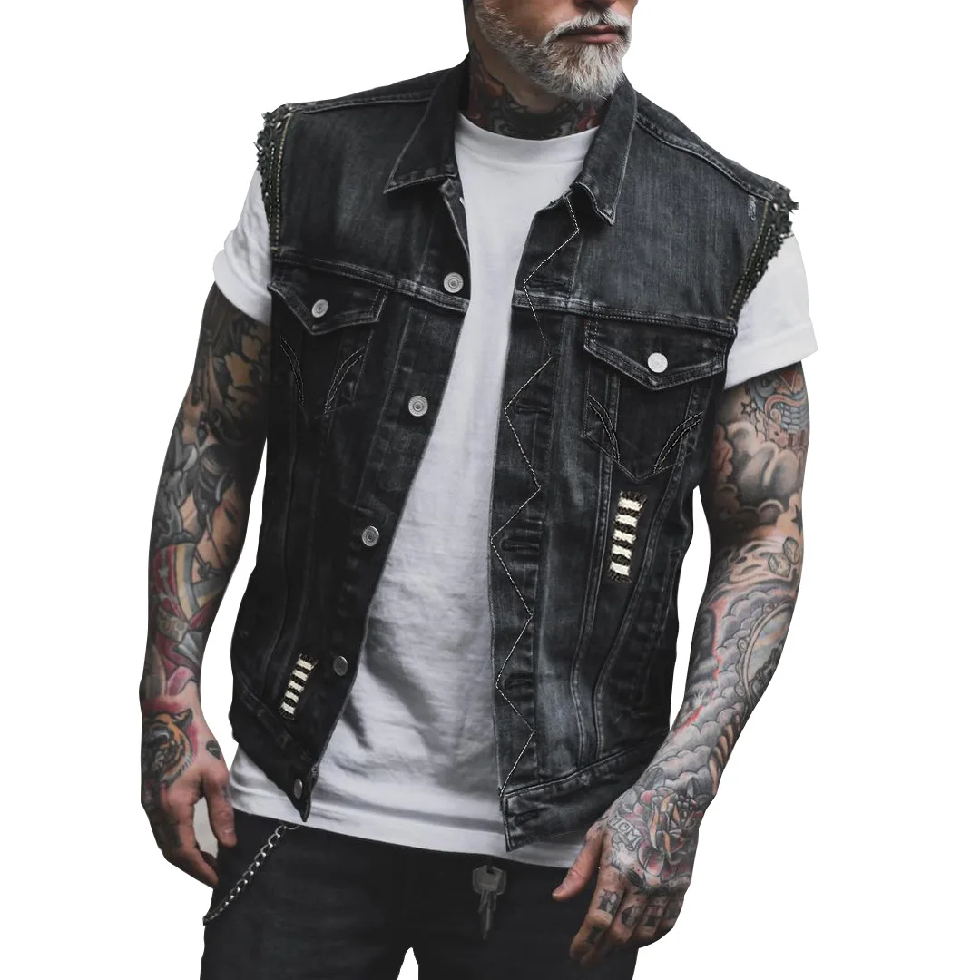 Men's High Street Ripped Jeans Vests Streetwear Printed Biker Waistcoat Motorcycle Rider Sleeveless Denim Jacket