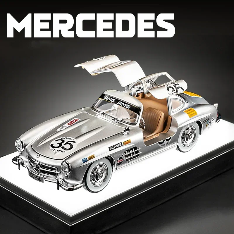 1:24 Mercedes-Benz 300SL zmodyfikowany pojazd aluminiowy Model samochodu dźwięk i światło wycofać zabawki dla dzieci kolekcje prezent urodzinowy