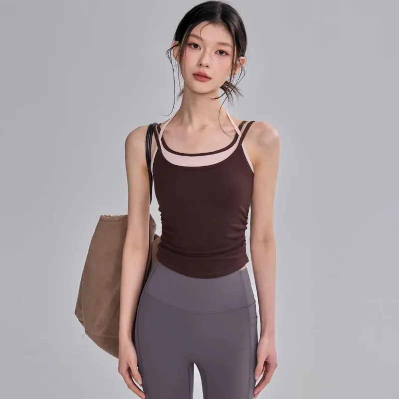 Women Color Block Yoga  Top Built-in Bra Shockproof Workout Vest for Running Gym