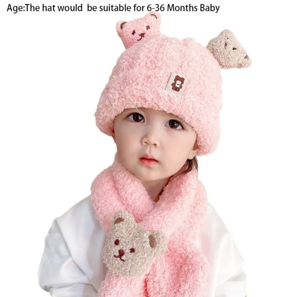 2Pcs Cartoon Bear Baby Winter Hat Scarf Set Children Warm Scarves Plush Knit Cap Thick Ear Protection Infant Beanie for Girl Boy