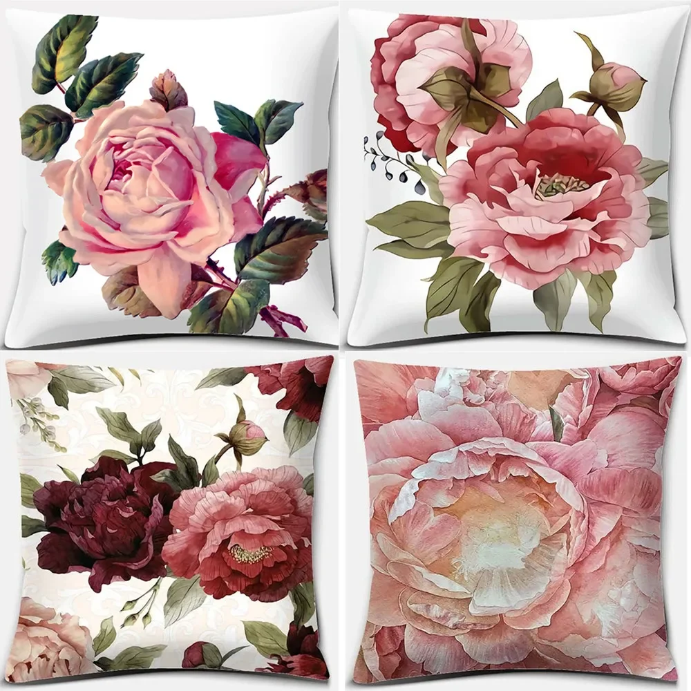 레트로 유화 스타일 장미 꽃 쿠션 커버 핑크, 세미 더블 대형 꽃무늬 소파 장식 베개