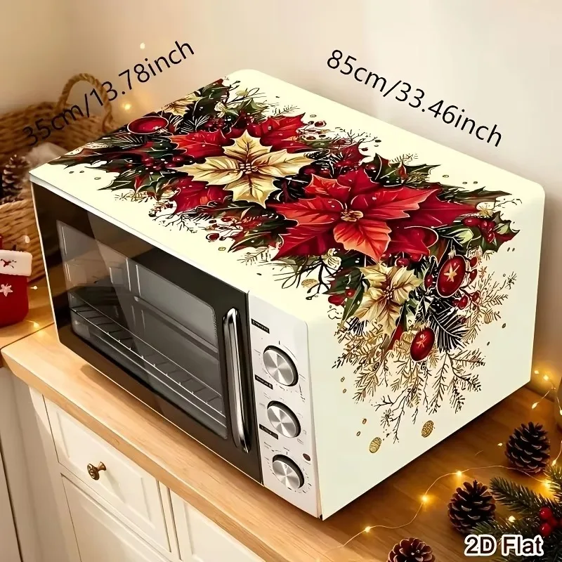 Christmas Poinsettia Microwave Oven Cover Dustproof Protector Cloth Xmas Kitchen Countertop Decor Household Ornament