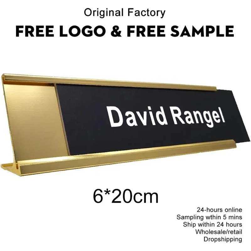 Placas de nombre de oficina personalizadas gratis Impresión de aluminio Placas de nombre de escritorio de oficina personalizadas Soporte de letrero de escritorio de negocios de oficina 20 x 6 cm