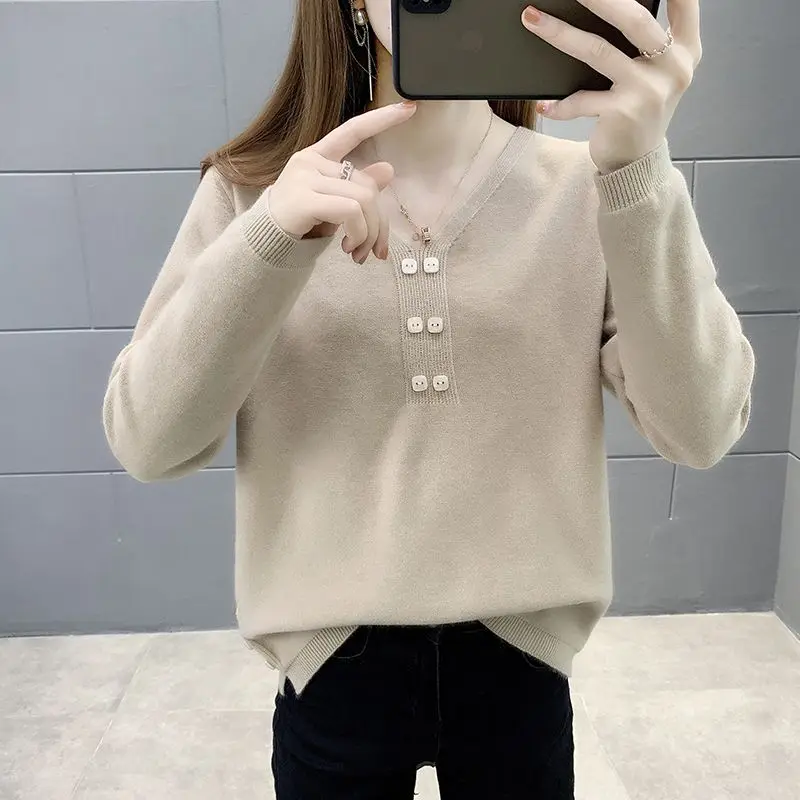 Women\'s Clothing Office Lady Solid Color Pullover V-Neck Button Long Sleeve Sweater Knitted Casual Screw Thread Elegant Tops