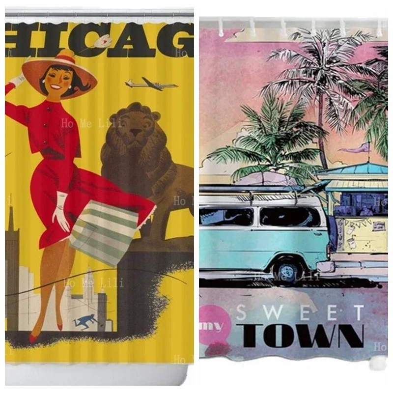 Vintage Chicago Travel Lady Bus Poster Surfer Palm Leaves Shower Curtain Beach Holidays Chic Bathroom Decor Ocean Lover Gift