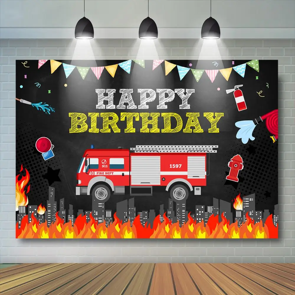 Mocsicka Firefighter Birthday Party Backdrop Fireman Fire Truck Photography Background Boy Birthday Party Decorations Banner