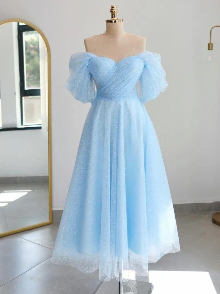 Sexy off-the-shoulder korte trouwjurk sprankelende tule gezwollen mouwen voor bruid avond prom homecoming jurk