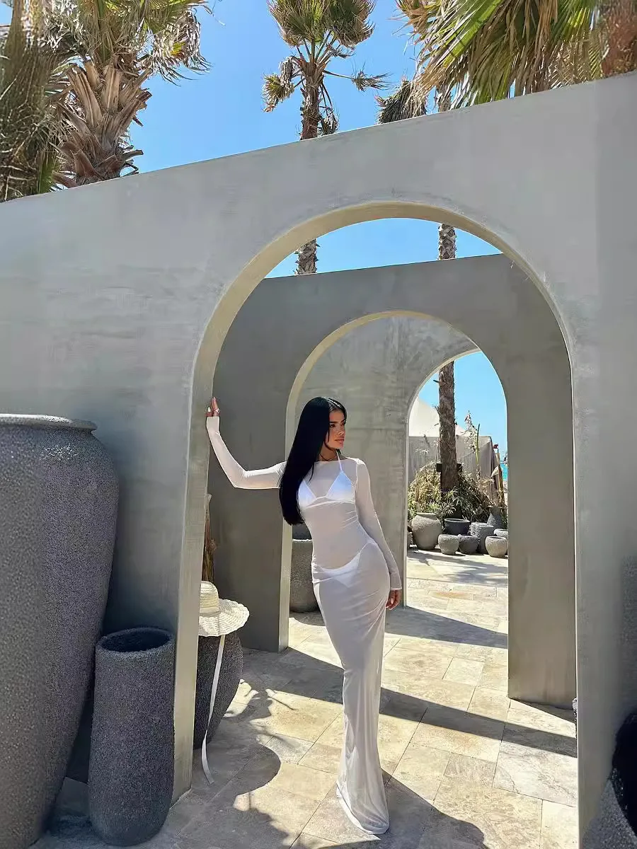 

Sexy Women's Clothing Hot Girl Self-cultivation Mesh Yarn Perspective One-shoulder Long Sleeves Long Style Dress Beach Style