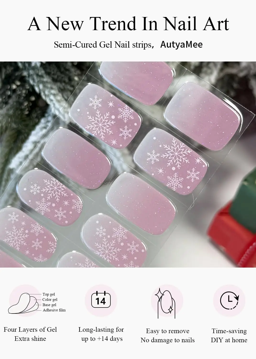 شرائط أظافر جل شبه معالجة على شكل ندفة الثلج الوردية، 20 قطعة من أغطية أظافر عيد الميلاد، جودة الصالون، متوافقة مع مصباح الأشعة فوق البنفسجية