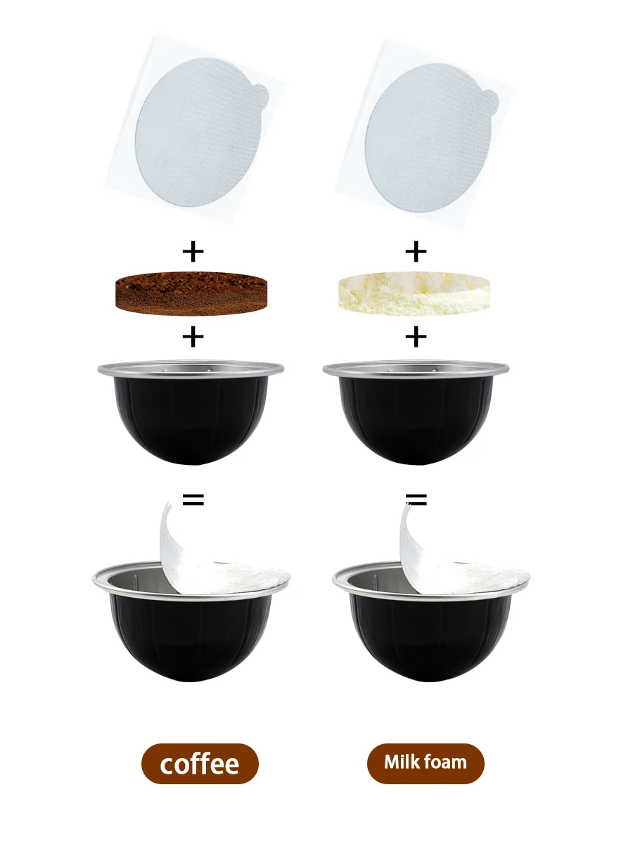 Wiederverwendbare Kaffeekapsel-Schalen für Kapselkaffemaschinen der Vertuo Plus Pop Next Env135 Env150 Line - Hoher Fettgehalt, Hausgemachte Filtertassen, Wiederverwendbar (5 Filter-Schalen + 30 selbstklebende Aluminiu – Detail 7