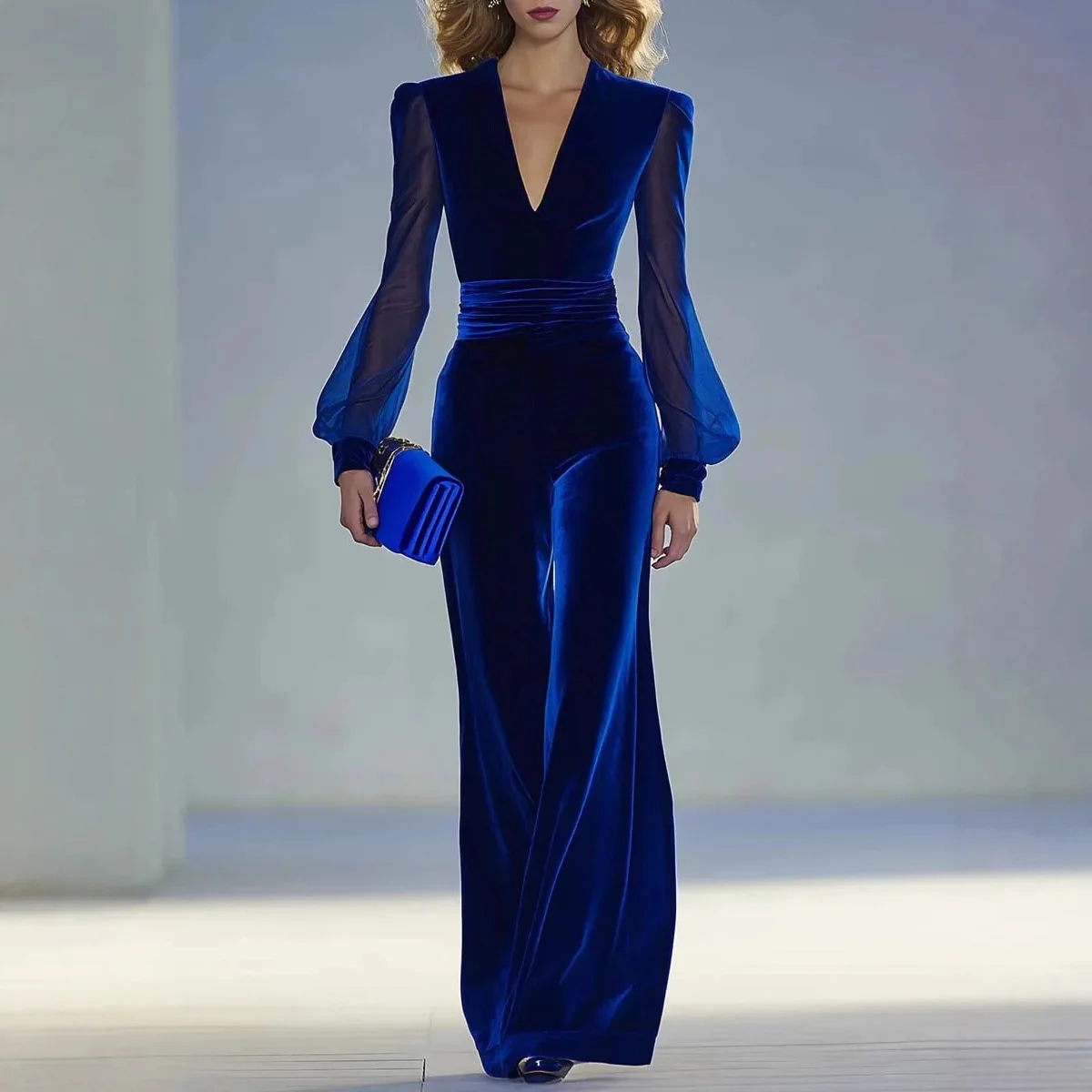 

Sexy Deep V Neck Velvet Jumpsuit Women 2026 Spring Autumn Slim Fit Mesh Long Sleeve Jumpsuit Elegant High Wait Office Romper
