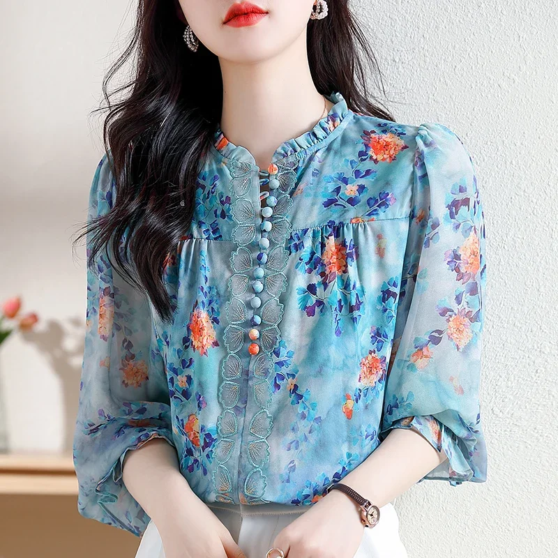 

New Korean Floral Printed Shirt Elegant Fashion Women Lantern Long Sleeve Chiffon blosue Stand collar Pullovers Tops