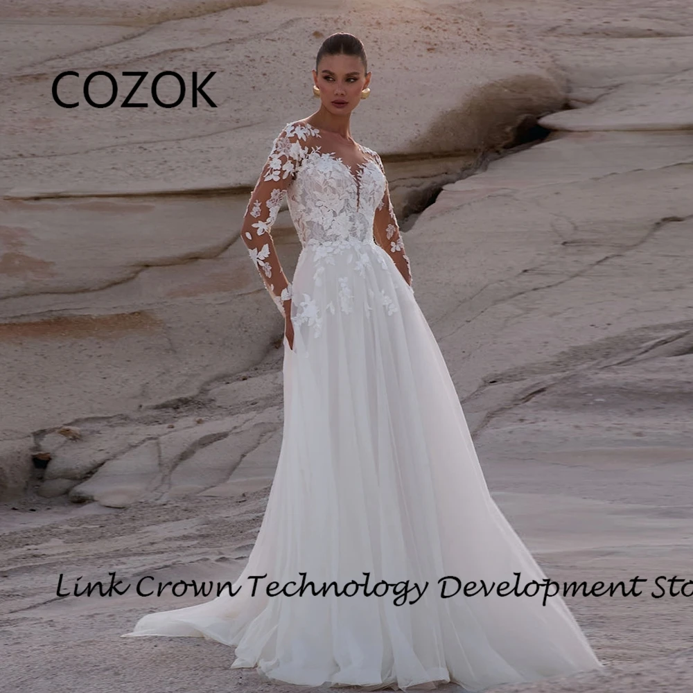 

COZOK Beach Full Sleeve Wedding Dresses with Lace 2024 Soft Tulle Strapless Bridal Gowns New Summer Court Trian Robe De Mariée