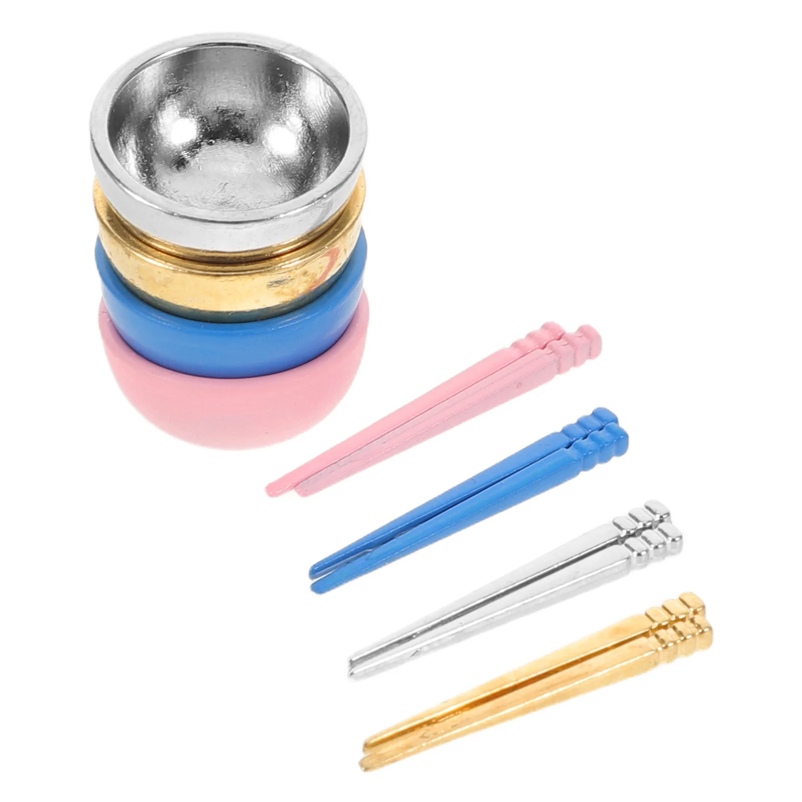 

4 set Dollhouse Miniature Kitchen Utensils Set 1:12 Scale Metal Mini Bowls Chopsticks Realistic Tiny Tableware For Dollhouse