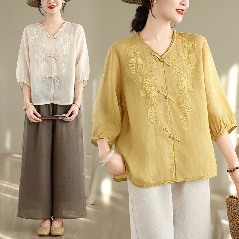 

Retro Artistic Button Lace Embroidery ape V-ne f Sve Loose Slimming Thin Sle Overhead irt for Women