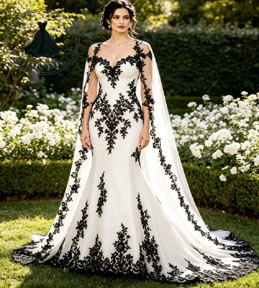 Vintage Gothic Black Lace Mermaid Wedding Dress Deep V Neck Cape Sleeves Contrast Lace Country Boho Bridal Gowns Halloween 2027