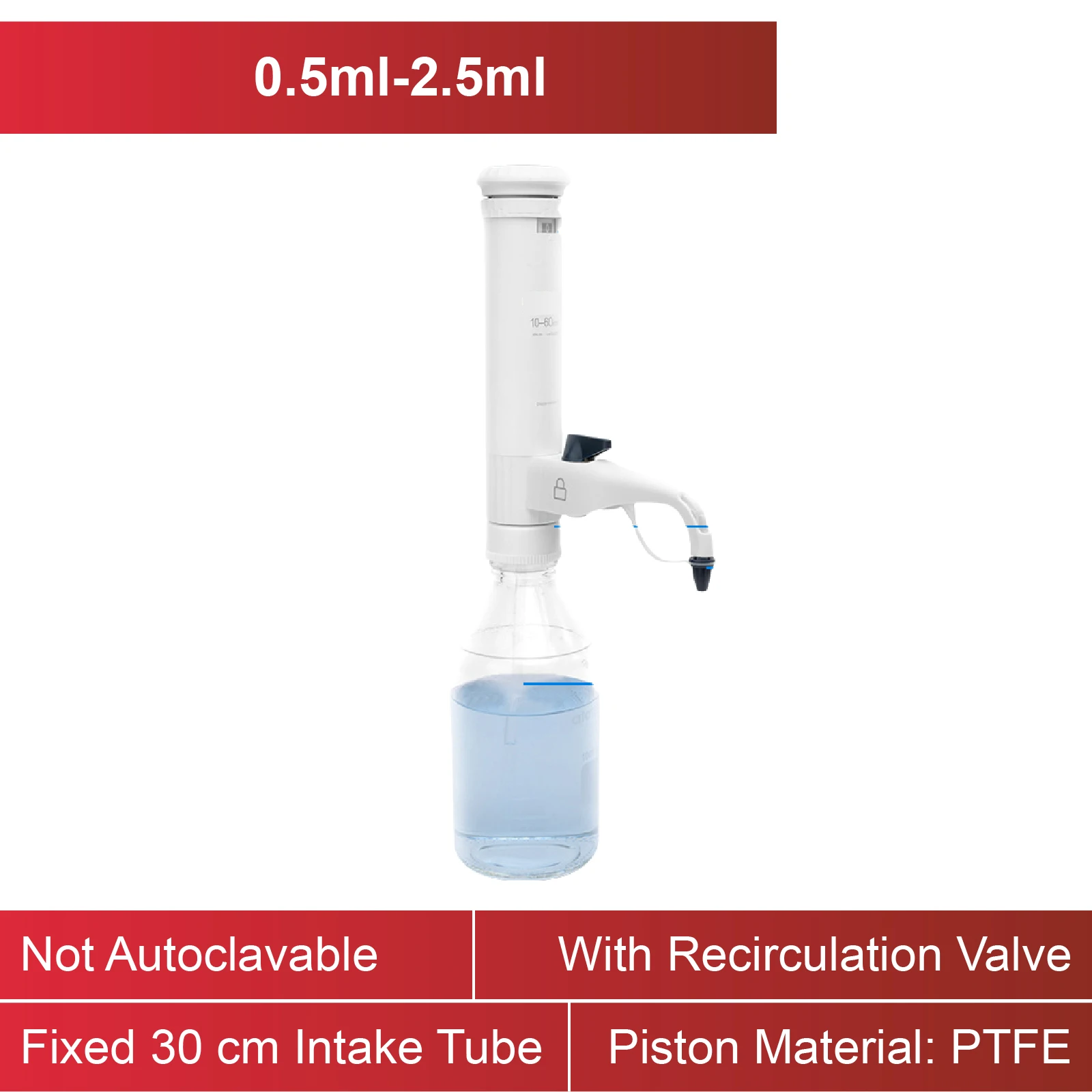 Adjustable Bottle Top Dispenser 0.5-60ml for Lab Reagents Autoclavable Chemical Liquid Dispenser with 5 Adapters