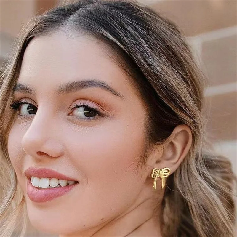 Vintage Double Bowknots Stud Earrings for Women Classic Gold Color Twisted Bow Earring Piercing 2024 Trendy Cute Jewelry Gifts