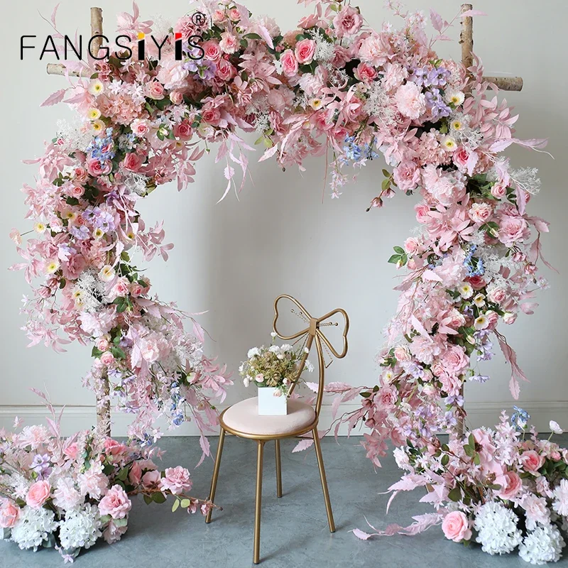 

Pink Floral Arrangement Add Moon Shape Arch Stand Wedding Backdrop Flowers Row With Frame Shelf Event Party Banquet Stage Props