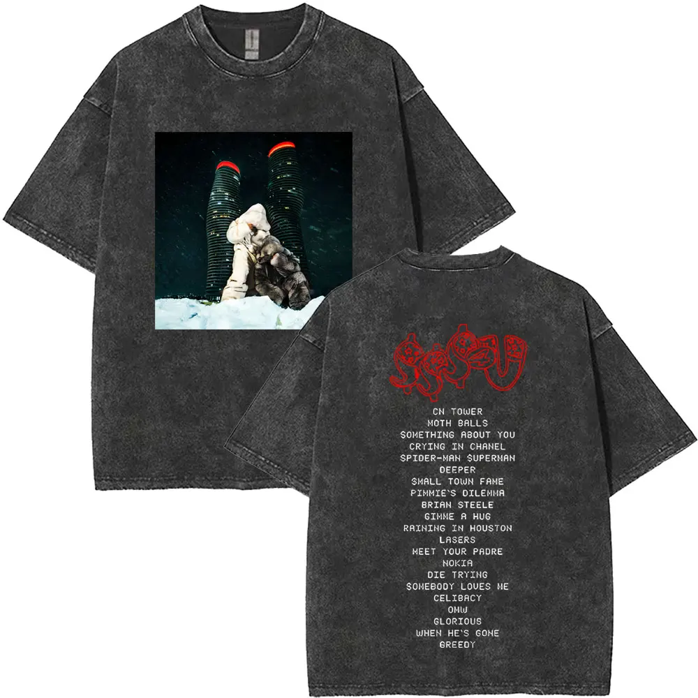 Gewaschenes Vintage Rapper Drake Face Grafik T-Shirt Männer Frauen Hip Hop Mode Pop Musik T-Shirts Herren Baumwolle Übergroße T-Shirts – Detail 4
