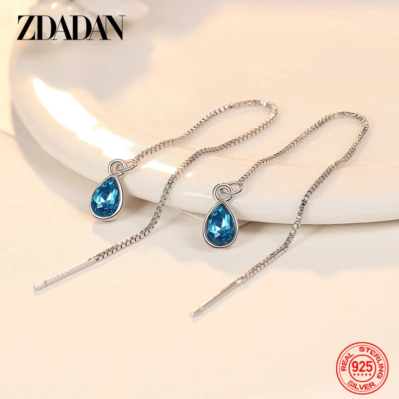 

ZDADAN 925 Sterling Silver Blue Crystal Long Chain Dangle Earrings For Women Wedding Jewelry