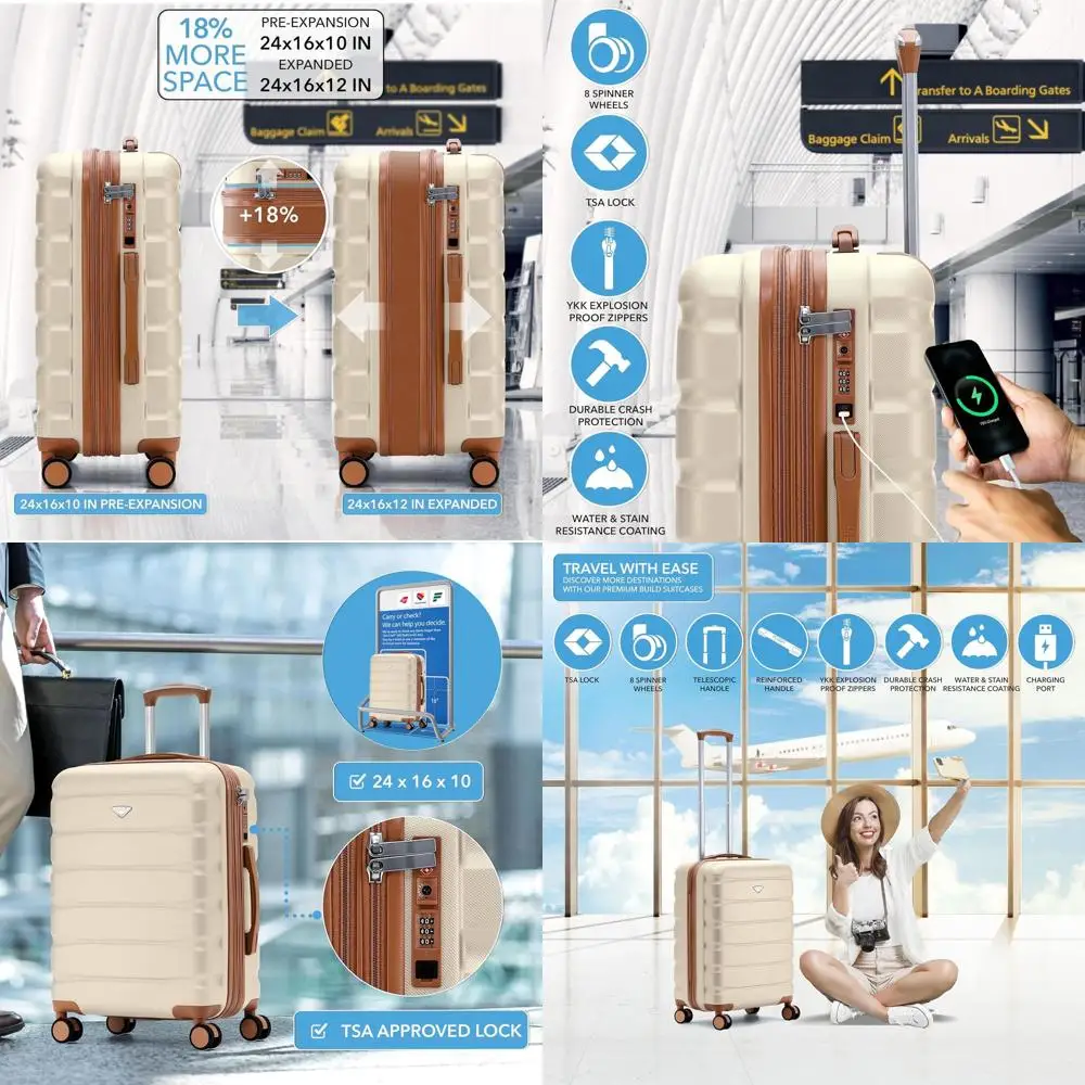 

Расширяемый чемодан-спиннер с твердой поверхностью 24x16x10 с замком TSA, USB C и бесшумными колесами — идеально подходит для Virgin & Southwest Airlines