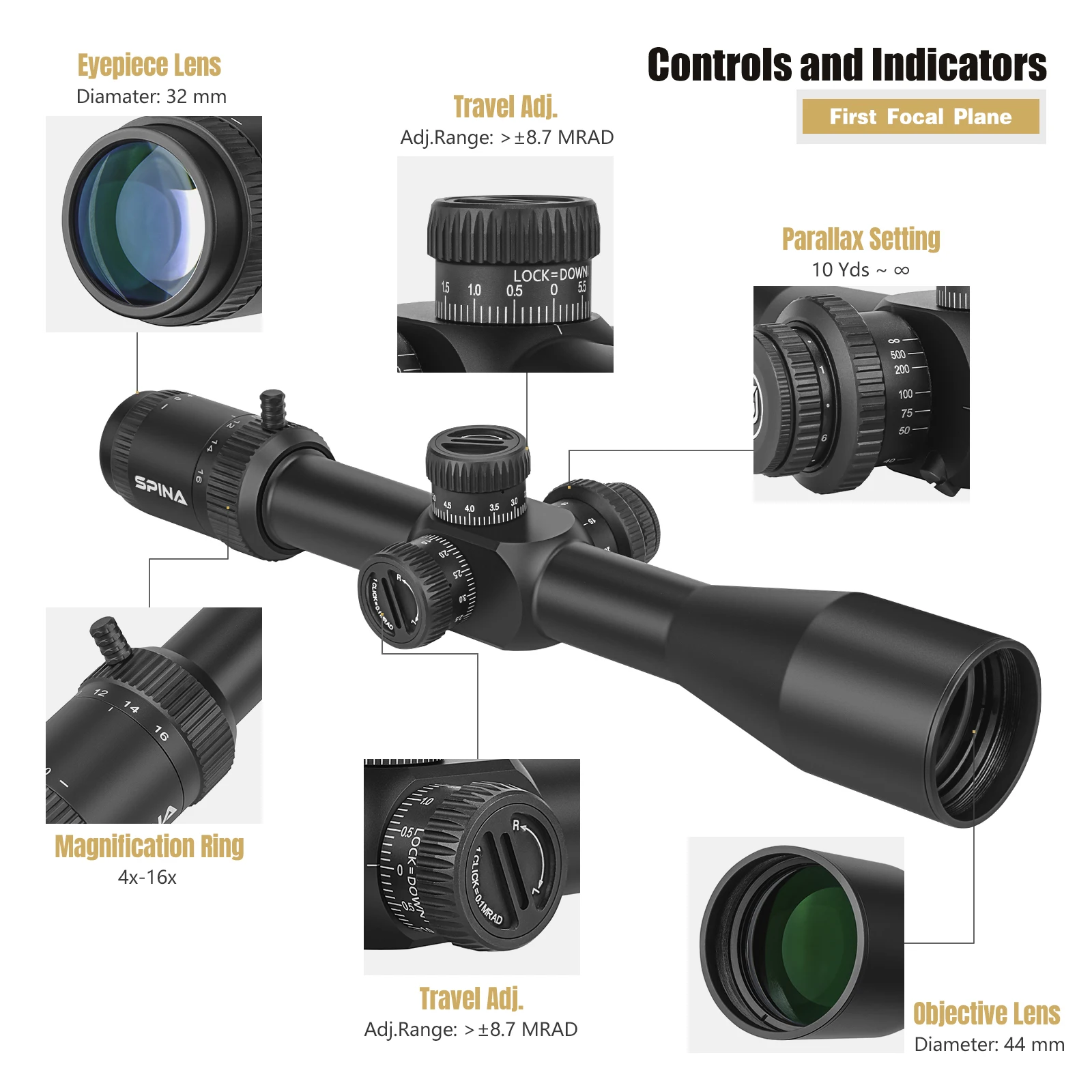 Imagem -03 - Scope Rifle de Caça Spina Optics Primeiro Avião Focal hd 416x44 Ffp 10 Mil 10yds to Infinite Side Parallax Luneta Real