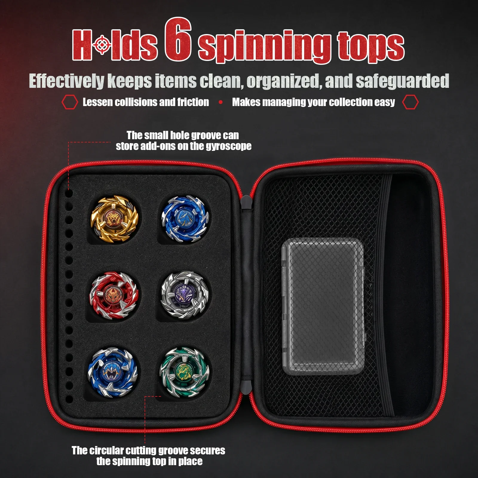 6/12 Slots Battling Top Storage Box Portable Kids Gyro Carrying Case with Mesh Pocket Toy Storage Organizer for Rotating Top