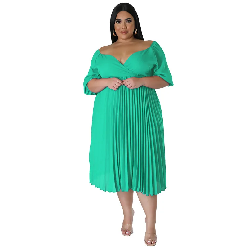 Plus Size damskie plisy sukienka na imprezę seksowne dekolt w szpic krótkie rękawy wysoki stan solidne eleganckie damskie sukienki lato 4XL