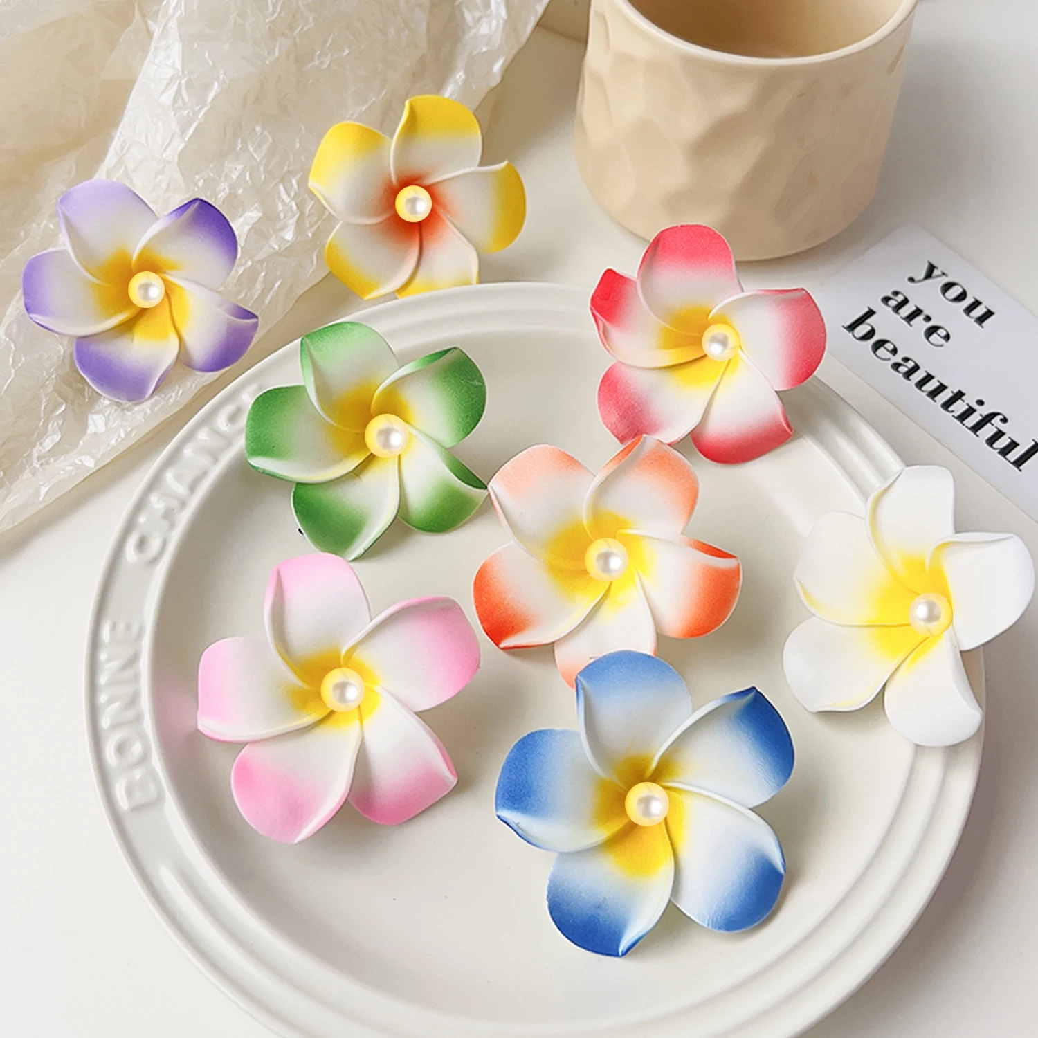 6/8cm Plumeria Hawaiian Frangipani Artificial Pearl Flower Duckbill Hair Clip Headdress Flowers Wedding Party Headwear