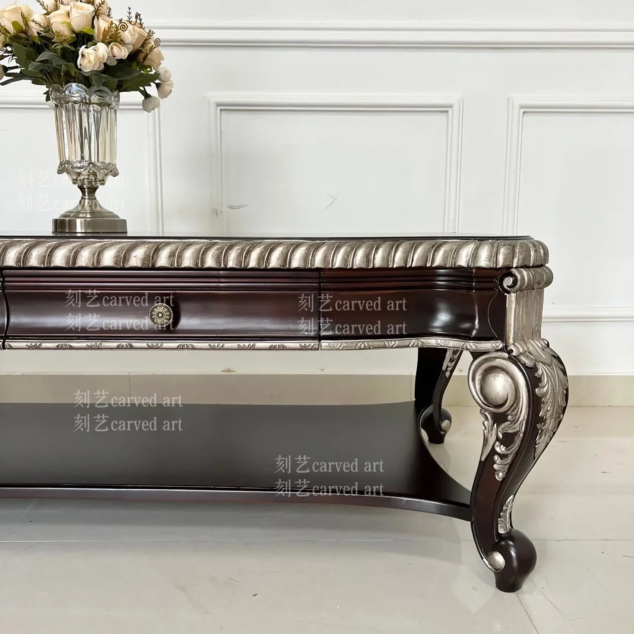 Household living room rectangular coffee table European French engraved drawing silver coffee table