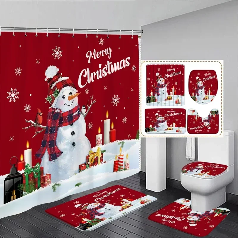 Winter Christmas shower curtain set cute snowman red birds gifts Forest Cedar New Year Xmas bathroom decor bath mat toilet cover