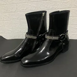 New Real Leather Black& Street Personalized Graffiti Chain strap Men Leather Boots Wedge Cowboy denim Boots Low Heeled