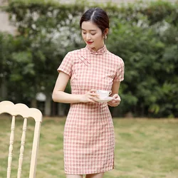 Vestido chino elegante de lino y algodón para mujer, Cheongsam minivestido de manga corta, moderno y mejorado, Sexy, venta al por mayor, 21005