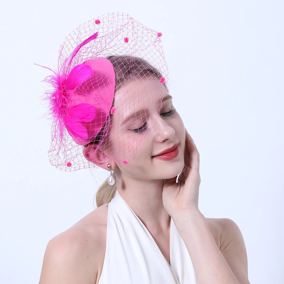 Women Flower Mesh Ribbons Feathers Fascinator Brides Hair Accessories Headband or a Clip Cocktail Tea Party Headwewar for Girls