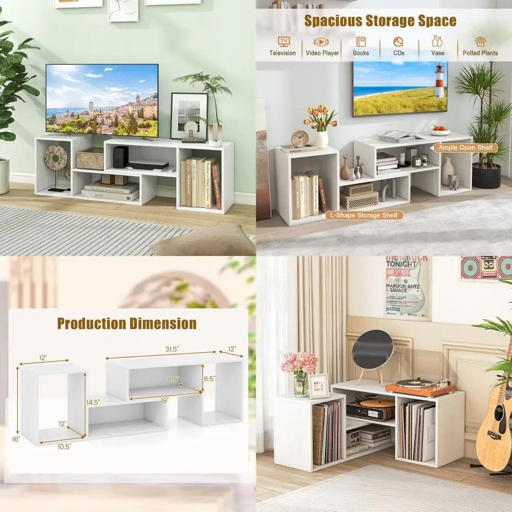 

White 55 TV L-Shaped Stand with 4 Storage Cubes and Rotating Shelves, Wood Entertainment Center for Living Room, Bedroom
