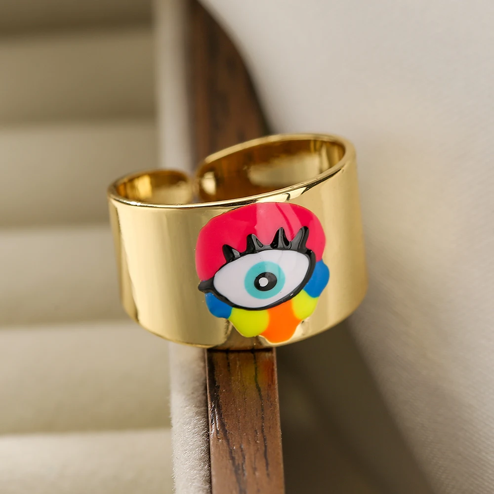 New Fashion Personality Lucky Eye Rings For Women Men Gold Color Bohemian Colorful Drip Oil Jewelry Gift Femme Bijoux