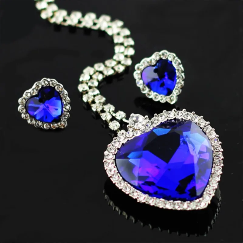 BLUE heart Pendant Crystal shine rhinestones Necklace Earring Jewelry set charm lover girl classic dropshipping quality fashion