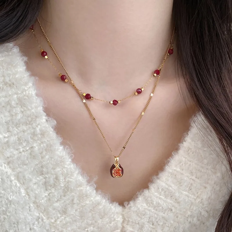 

Minar Charming Natural Stone Crystal Red Pomegranate Pendant Necklaces for Women 18K Gold Stainless Steel Double Layers Choker