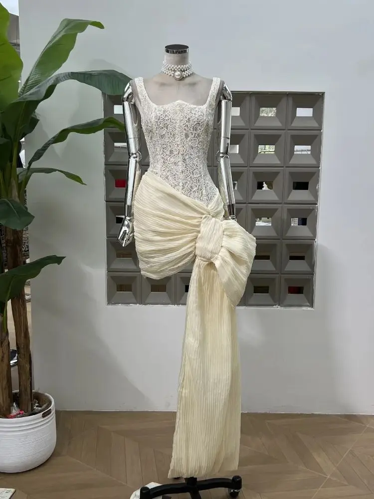 

Summer Solid Spliced Bowknots Slimming Mini Dresses for Women's Irregular Sleeveless High Waist Sequins Party Club Evening Dress