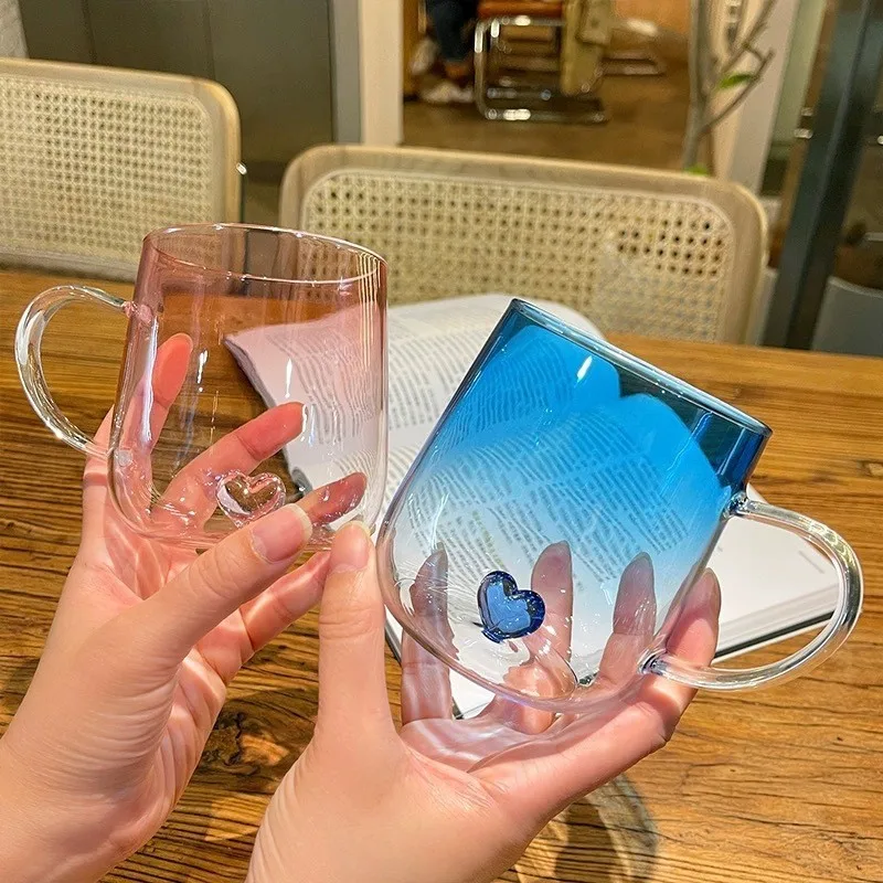 Paar-Tassen-Set mit Farbverlauf, Herz unten, Borosilikatglas, hitzebeständig, transparent, für Kaffee, Tee, Zuhause, Büro, Geschenk