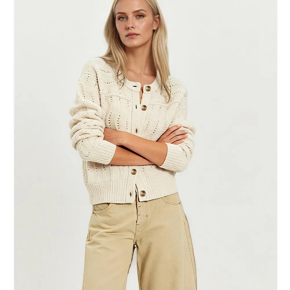 MsChuh Women's Cardigan Hollow Out Round Neck Sweater Button Long Sleeve Women's SweatersPullover Casual Spring Autumn Outerwear